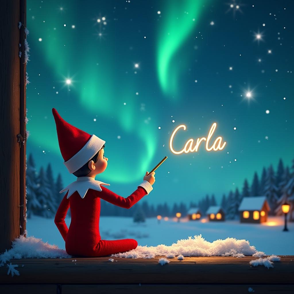 In this magical Christmas scene, an elf on the shelf is seen from behind, sitting on a window ledge and facing a breathtaking night sky. The elf is wearing a classic red outfit and a pointed hat. With a wand in hand, the elf is skillfully writing the name 'Carla' in the sparkling sky. The background is filled with beautiful northern lights and twinkling stars, creating a mesmerizing atmosphere. Below, quaint houses with warm lights dot the snowy landscape. This enchanting view captures the wonder and joy of the holiday season.