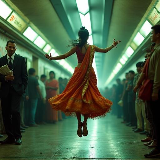A woman twirls mid-air in a subway station wearing a frayed sari. Her feet hover above the graffiti-stained floor. A spotlight casts shadows across her face. A man in a business suit smokes a cigarette and watches her. The scene is filled with a crowd of strangers looking on. The atmosphere is filled with static and sounds of a train. The moment feels both intimate and disconnected.