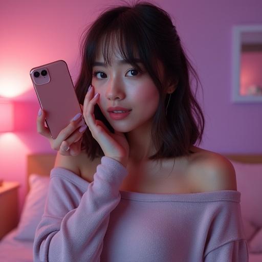 Petite woman with round face and brunette hair poses in trendy clothes. One hand slightly covers her cheek while the other holds up a phone. Bedroom has a cute pink and purple aesthetic. Slightly blurry filter adds charm.