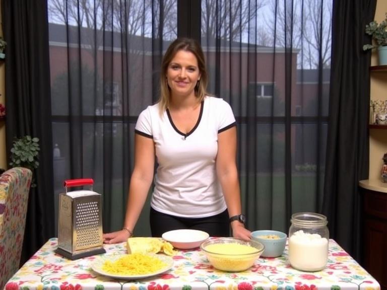 Marina stands in a kitchen with cooking items on a table. The table features a colorful floral tablecloth and holds cheese grater, bowl of shredded cheese, butter, flour, and milk. A patterned chair and decorative shelf with flowers and figurines are nearby. Sheer black curtains behind partially reveal leafless trees and brick buildings. The scene suggests preparation for a meal. Marina is dressed in a white t-shirt with black accents, leaning slightly forward.