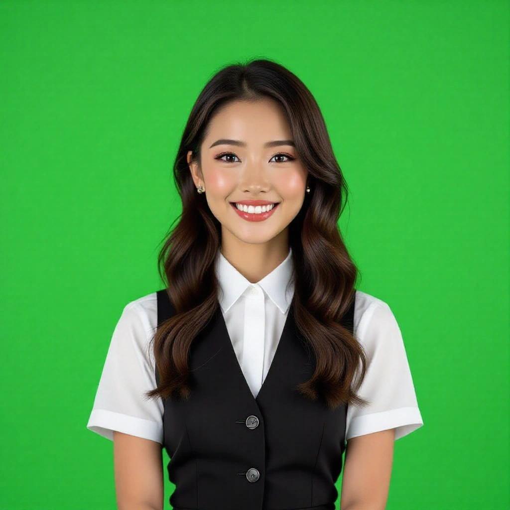Photorealistic portrait of a young, beautiful Japanese girl standing confidently in front of the camera. She smiles while delivering her lines like a professional TV host. Clean studio room with a green background. Body facing front.