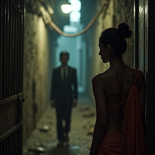 Scene in a dim alley in Mumbai. Young Indian woman with tattoos leans against a rusty gate. She wears a silk sari. Man in tailored suit appears in background. Tension between them. Women in faded saris watch from shadows. Air thick with frying onions and diesel. Light from bulb casts long shadows.