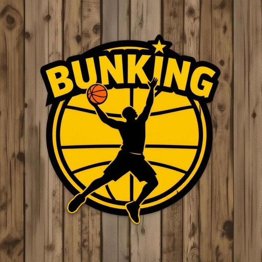 Create logo depicting a person bunking a basketball. Use a wood background with black hoop. Text should be yellow against black background.