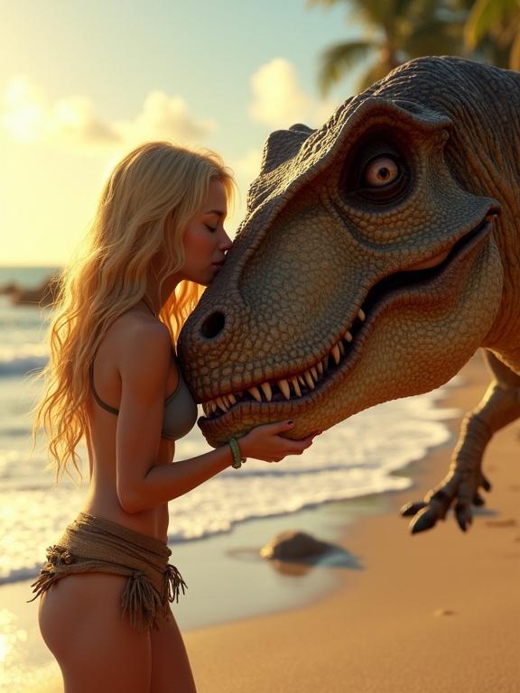 Close up 3D animation with a blonde warrior woman on the beach. She shows affection to a giant T-Rex, kissing its snout. The sun shines brightly and ocean waves can be seen in the background.