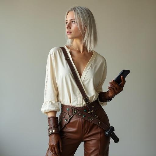 Close-up full body shot of a female cosplayer dressed as a Witcher. Character features shoulder-length silvery-white hair wearing an off-white blouse and leather pants. She holds a sword and smartphone, exuding confidence. The background is a light beige-gray color with natural soft lighting to create focus and calmness.