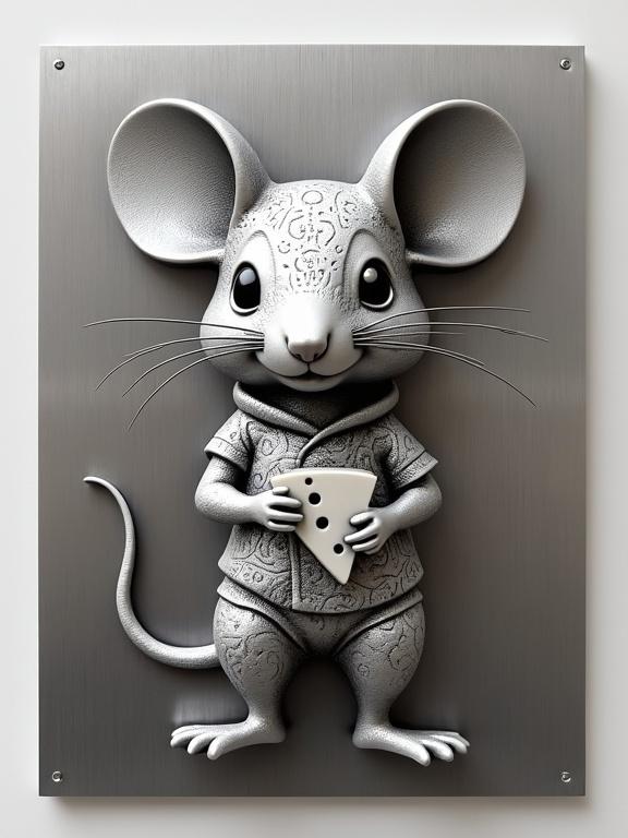 A charming anthropomorphic mouse is depicted in elegant 3D relief on a brushed stainless steel plaque. It stands upright, wearing a tiny outfit with intricate metallic engraving. The mouse has large eyes and holds a wedge of cheese. The ears, whiskers, and tail are sculpted with curves. All made from stainless steel.