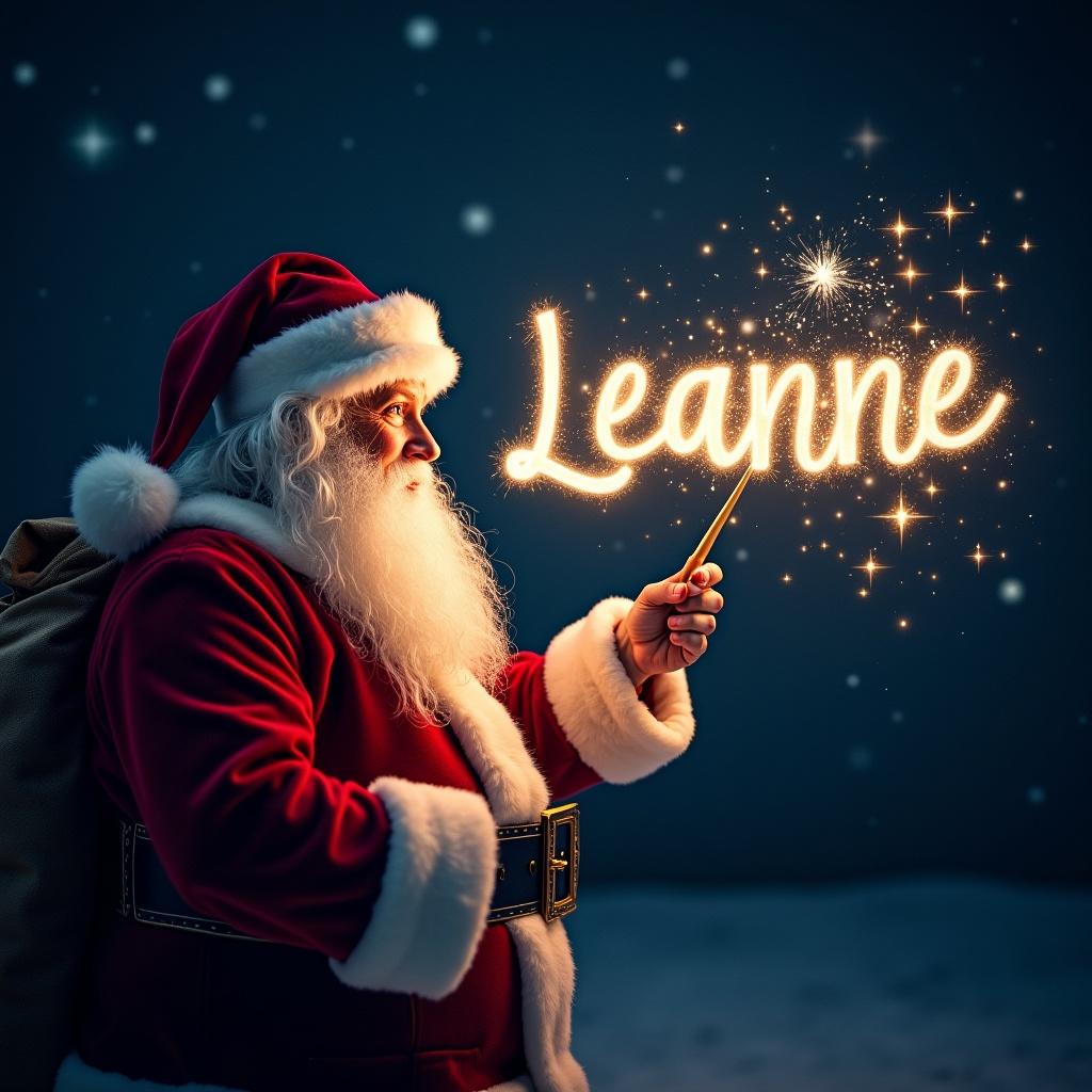 Santa writes the name Leanne in sparkling text at night. The background is dark. It highlights the bright letters. The scene conveys magic and wonder.