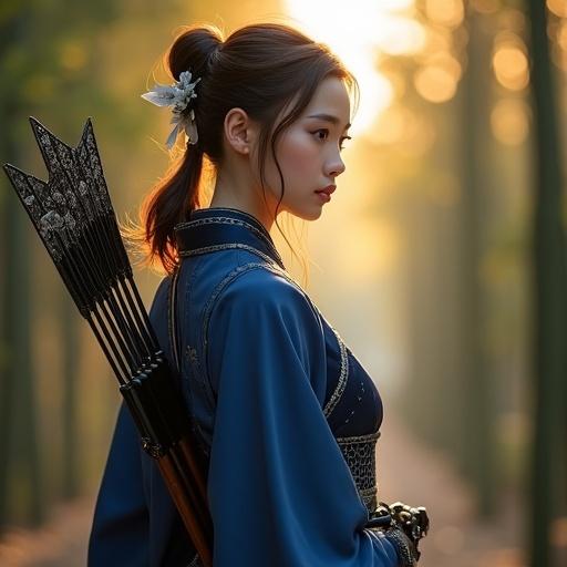 Elegant female scout in a bamboo grove. She wears a deep indigo uniform with silver motifs. Her bow is lacquered and intricate. Soft golden light filters around her. Softly waved brown hair with kanzashi. The scene embodies quiet grace and discipline.