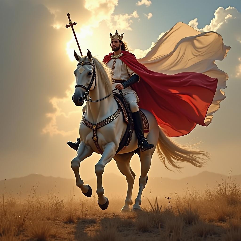 A king dressed in royal attire rides a majestic white horse into a war zone. A red and white flag with a cross flies from his spear. The scene is bathed in golden hour light, emphasizing the heroic stance of the king and the gallant spirit of the moment.