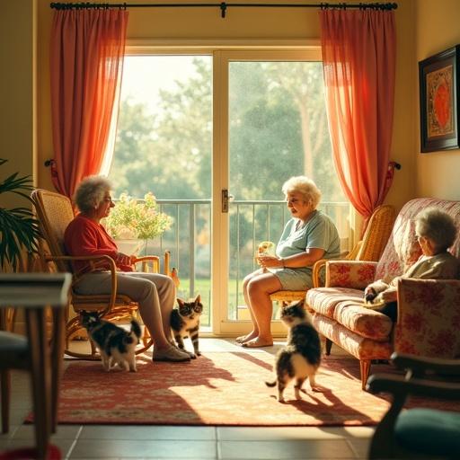 Image of playful cats in a retirement home. Residents interacting with cats. Sunny setting with colorful decor. Casual and joyful atmosphere.