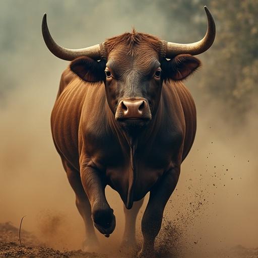 A charging bull on a dusty ground. The bull displays a powerful presence. It runs fiercely through the dust. Horns are prominent. The setting is natural with a hint of motion in the backdrop.