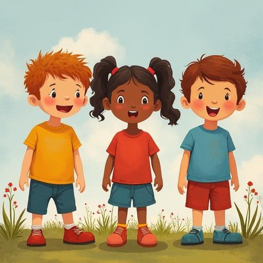 Three kids stand together in a cheerful outdoor setting. Each child wears colorful shirts and shorts. The background shows a clear blue sky and flowers.