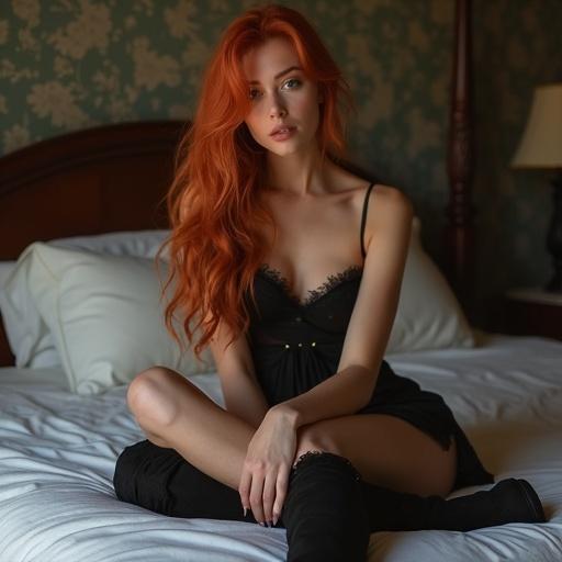 Beautiful woman lounging on bed. Long red hair. Black nightwear and suede boots. Bright jade eyes and red lips. Captivating side view.