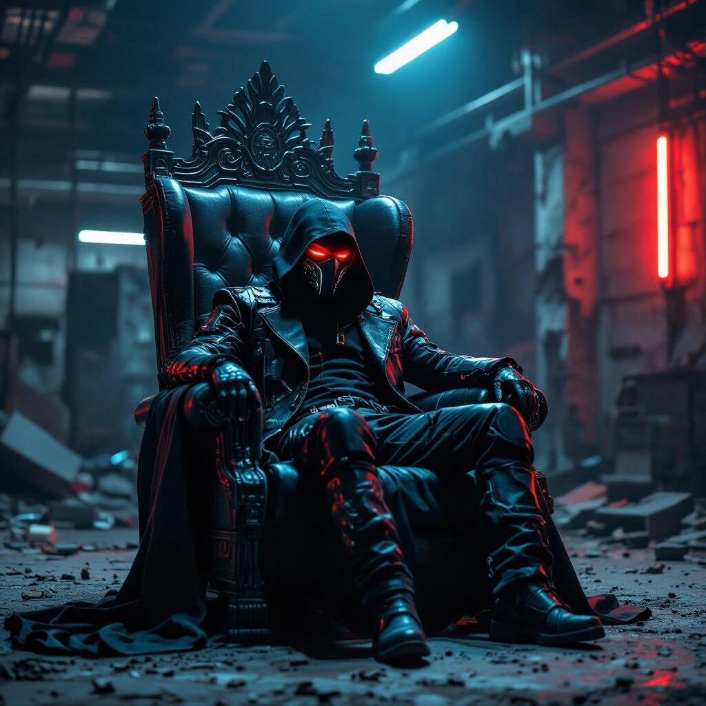 Portrait of a masked figure lounging on a throne in a dark, crumbling tech warehouse. The figure wears leather cyberpunk clothing and is surrounded by ambient red and blue lighting.