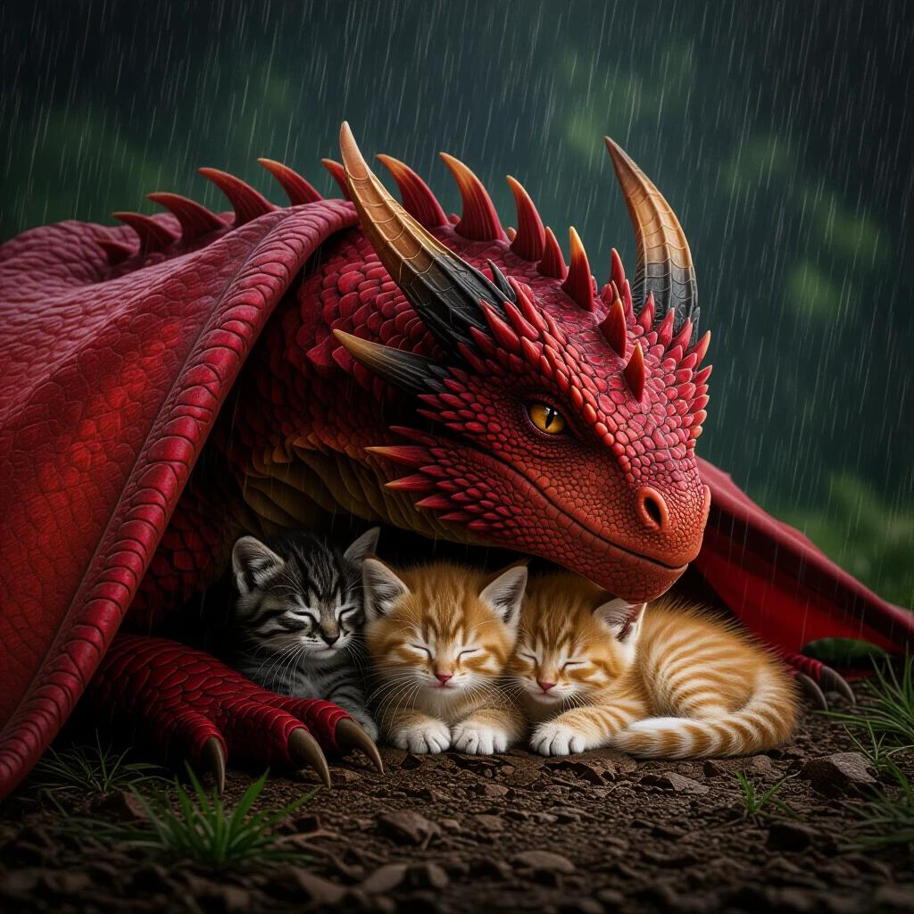 Kittens hide under a wing of a large sleeping dragon while it rains. Dark and windy atmosphere. Heavy rainfall. Vibrant dark colors in high definition.
