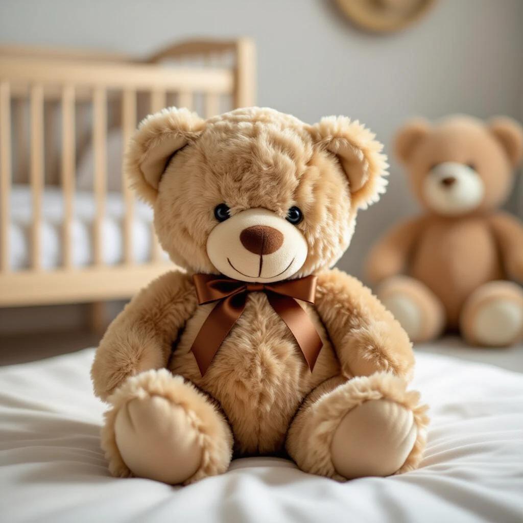 Plush brown teddy bear sits on a soft baby bed. Cozy nursery background with light colors. Another teddy bear in the background adds depth.