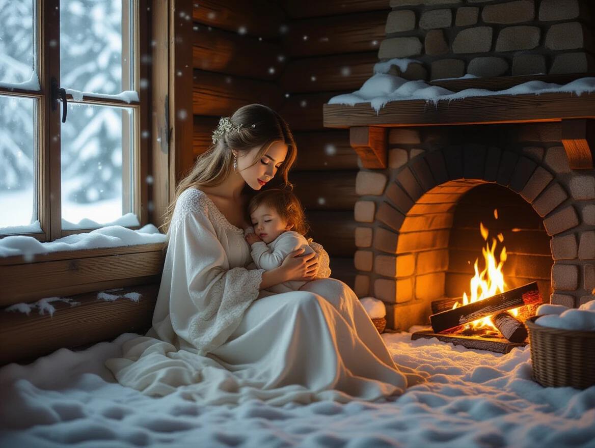 Woman cradling child in snow-covered cottage. Warm light from fireplace. Dust motes in air. Serene facial expression. Shadows on wall. Textured wooden elements. Cinematic mood.