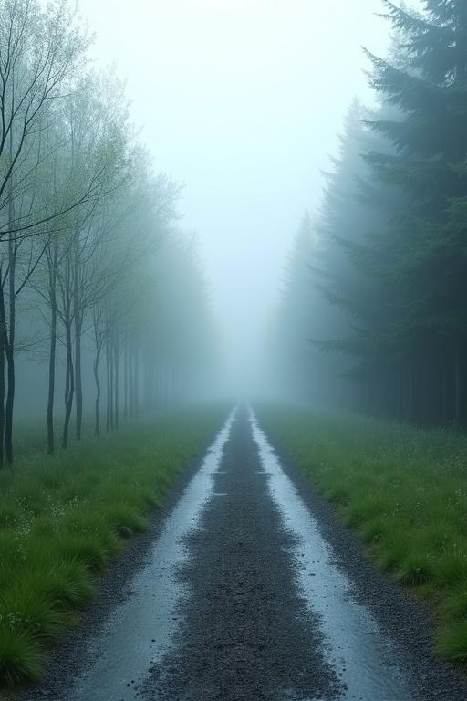 Hyper-realistic photograph of serene mist-covered forest path. Long narrow trail of wet gravel stretching into dense fog. Soft ambient light creates glossy surface. Raindrops visible on trail. Lush green grass on either side, with young deciduous trees on left and taller evergreens on right. Thick fog obscuring background. Cool-toned blueish-grey color palette. No visible sunlight or human presence. Evokes calm and quiet introspection.