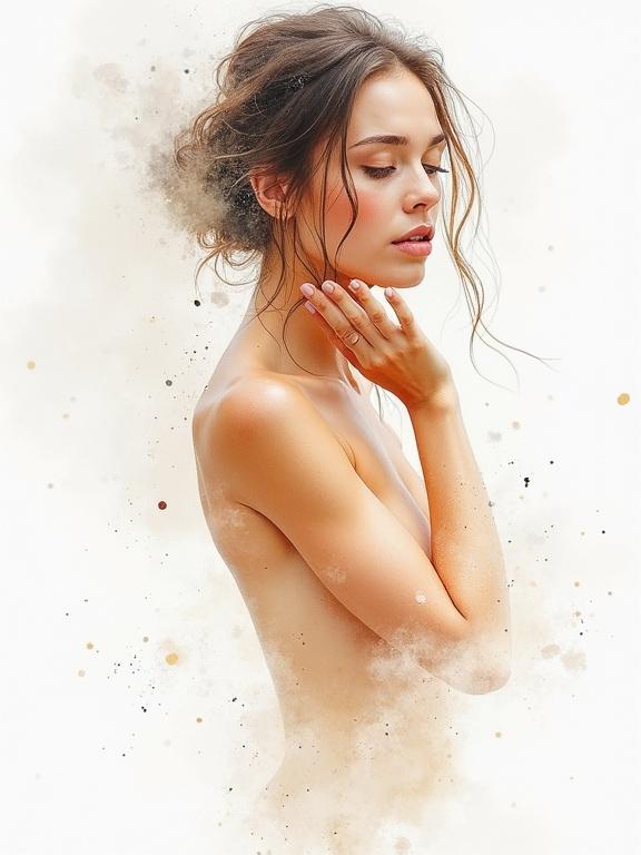 Mesmerizing artwork featuring a nude tanned woman in a graceful pose. Blends styles of Willem Haenraets and Carne Griffiths with soft touches of Anna Razumovskaya. Showcases watercolor subject amidst dynamic white space. Evokes chaotic beauty and cinematic wonder. Features soft, diffused lighting with dramatic accents, delicate color palette, intricate expressive strokes, and clean grey background.