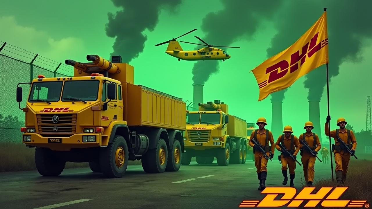 In a dramatic scene, several large yellow armoured trucks equipped with big roof-mounted cannons drive up to a fence. The sides of the trucks clearly show the DHL logo. Nearby, several soldiers wearing yellow uniforms and holding rifles are seen marching together in unison. One soldier is holding a large flag with the DHL logo clearly visible. In the background, we can see the prominent smokestacks of a nuclear power plant, glowing green. The sky is awash with an evil green glow, and a large yellow Chinook CH-47 cargo helicopter flies above, adding to the intensity of the scene. At the bottom, we see the DHL logo, displayed in bold, yellow text.