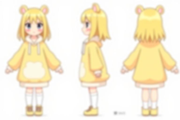 Anime character sheet. Young adult female. Calm and curious. Waist-length pastel yellow hair. Soft bangs. Small animal ears. Wearing pastel yellow oversized hoodie dress. Hoodie has soft fur trim. Thigh-high white socks. Pastel yellow sneakers. Displayed in front back right-side views. Soft pastel colors primarily yellow white.