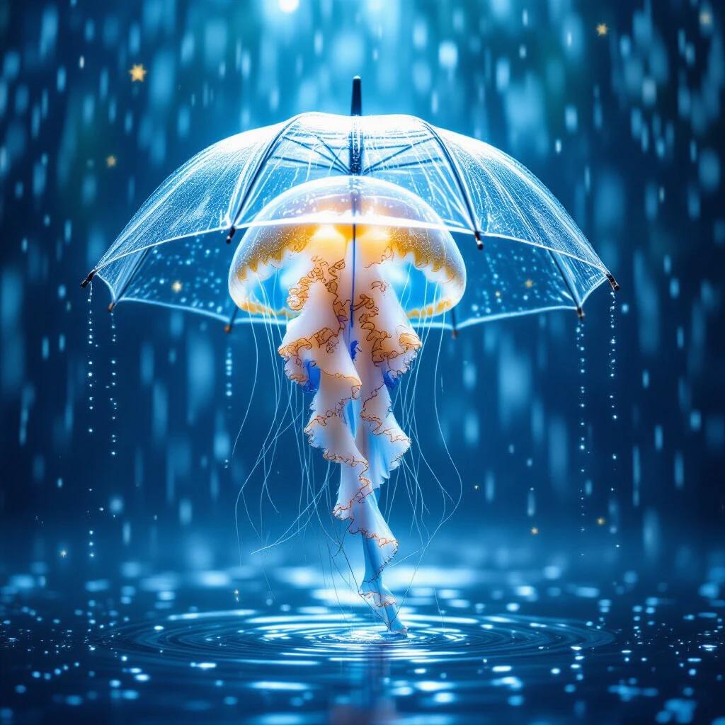 A jellyfish transforming into an umbrella floats in a rainstorm with stars. Background is a magical blue with droplets. Jellyfish glows softly.