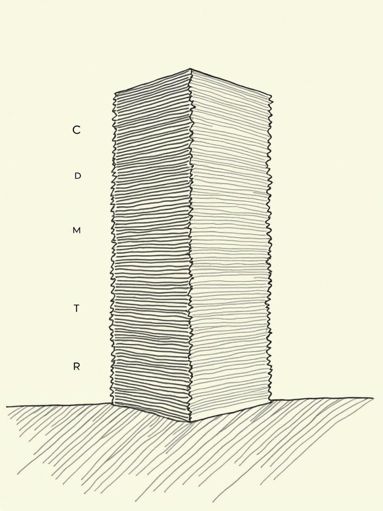 Technical illustration depicts a calender stack resembling those from paper manufacturing. It shows a tall stack of sheets labeled with letters. The illustration is simple and detailed, capturing key characteristics of the stack.