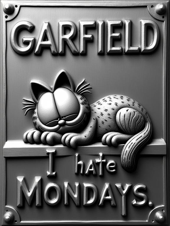 Detailed high-relief engraving featuring Garfield the cartoon cat lounging on a polished steel plate. Garfield has a sly grin and half-closed eyes, shown with textured fur and defined contours. The name 'GARFIELD' is boldly engraved above, with the phrase 'I hate Mondays.' below in matching style. The plate has a brushed finish and complete with a steel frame.