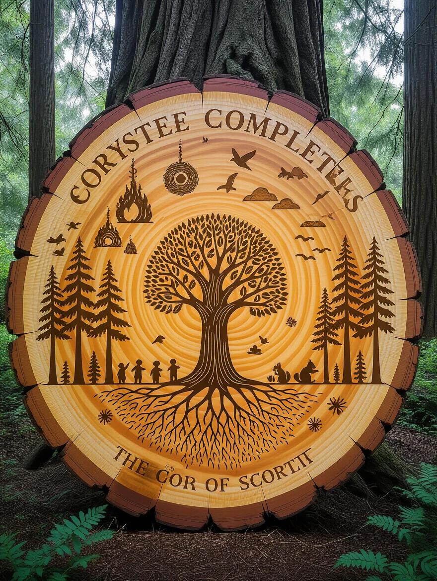 A massive tree slice carved into a circular storybook showing the tree's life. Each growth ring shows scenes of years. Forest fires depicted as flames. Growing years illustrated with leaves and animals. Drought years with sparse carvings. Heartwood shows a seedling in relief. Outer rings depict growth, storms, and changes. Wildlife carved throughout. Bark edge preserved. Displayed on a wooden easel in a rustic gallery. Overhead lighting mimics sunlight through canopy. Photographed from an angle for detail and scale.