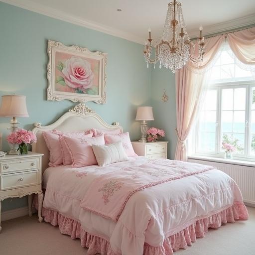 A light pink and white shabby chic bedroom featuring cream accents. A crystal chandelier hangs from the ceiling. Light pink roses in a vase are placed on the nightstand. The comforter and pillows display a pink rose print. There is a pink rose painting in a white rococo style frame on the wall. The walls are painted light aqua, with a beach view visible through the window.