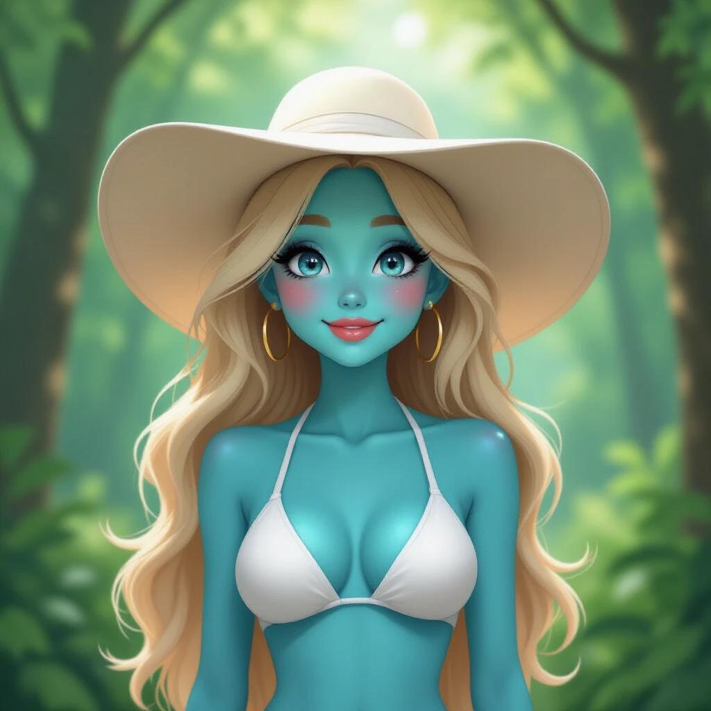 Character in a whimsical forest. Striking appearance with vibrant blue skin. Long flowing blonde hair. Wearing a simple white bikini top. Large floppy white hat on her head. Background features lush green foliage. Dappled sunlight softly filters through. Character has oversized eyes and cheerful smile. The scene conveys a mix of fantasy and allure.