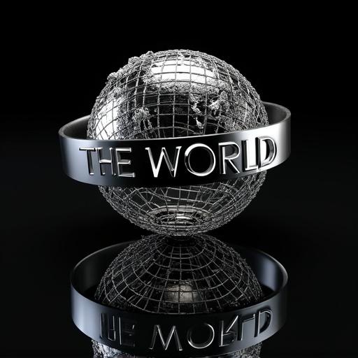 A hyper-realistic 3D render showcases a chrome wireframe globe on a reflective black obsidian surface. A chrome band displays the text The World Is Yours. The polished surface reflects the globe and text. Sharp lighting emphasizes the metal textures and futuristic aesthetic. The overall composition highlights precision and sophistication in chrome, silver, and black tones.