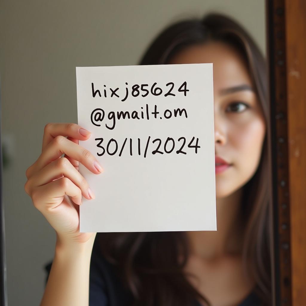 The image shows a woman standing in front of a mirror, holding a piece of white paper that has some text on it. The text includes an email address and a date, all written in a clear, handwritten style. The woman's face is clearly visible in the reflection, and her hand and arm are fully extended towards the camera. Natural lighting illuminates the scene, making it look warm and inviting. The overall composition emphasizes the handwritten note as the focal point.