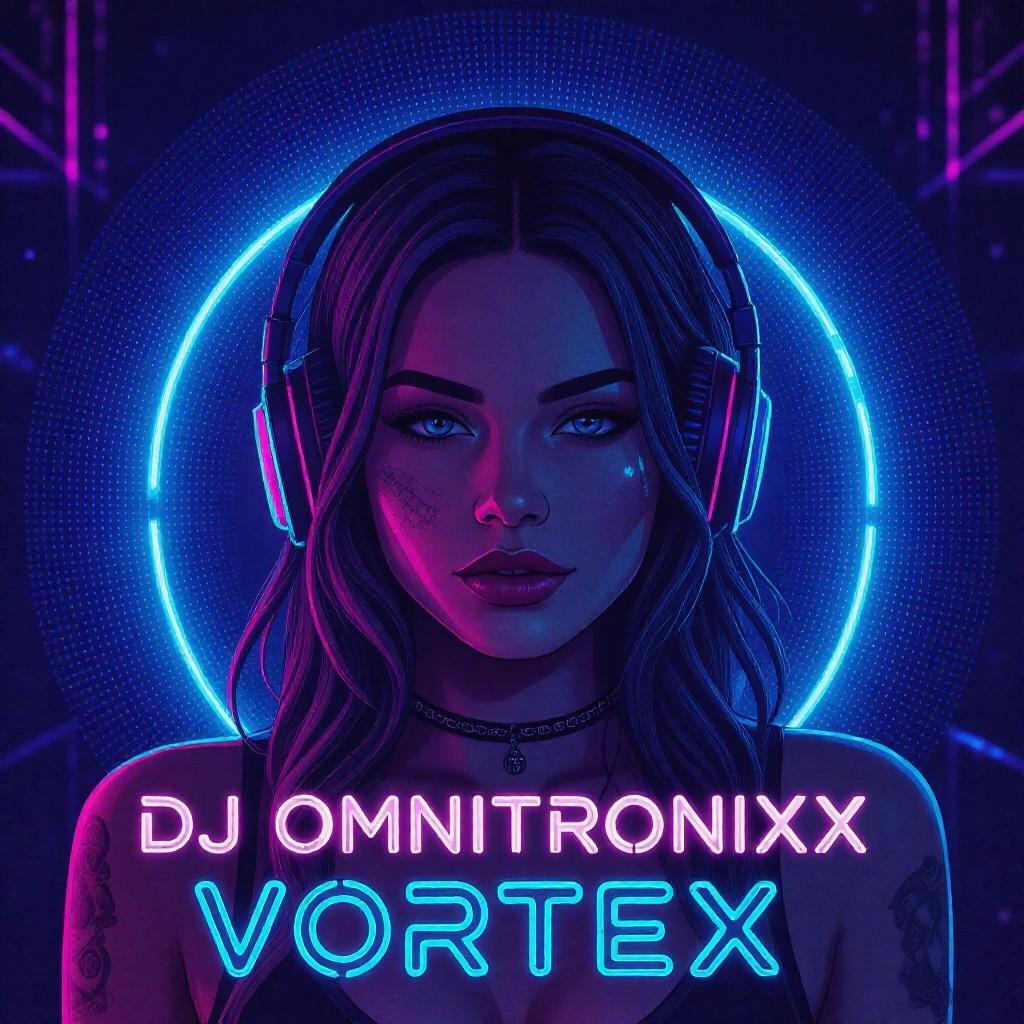 Close up of a dark neon bedroom scene featuring a woman with headphones. The artwork is in an RGB artistic style. Text includes 'DJ Omnitronixx' and 'Vortex' in futuristic writing.