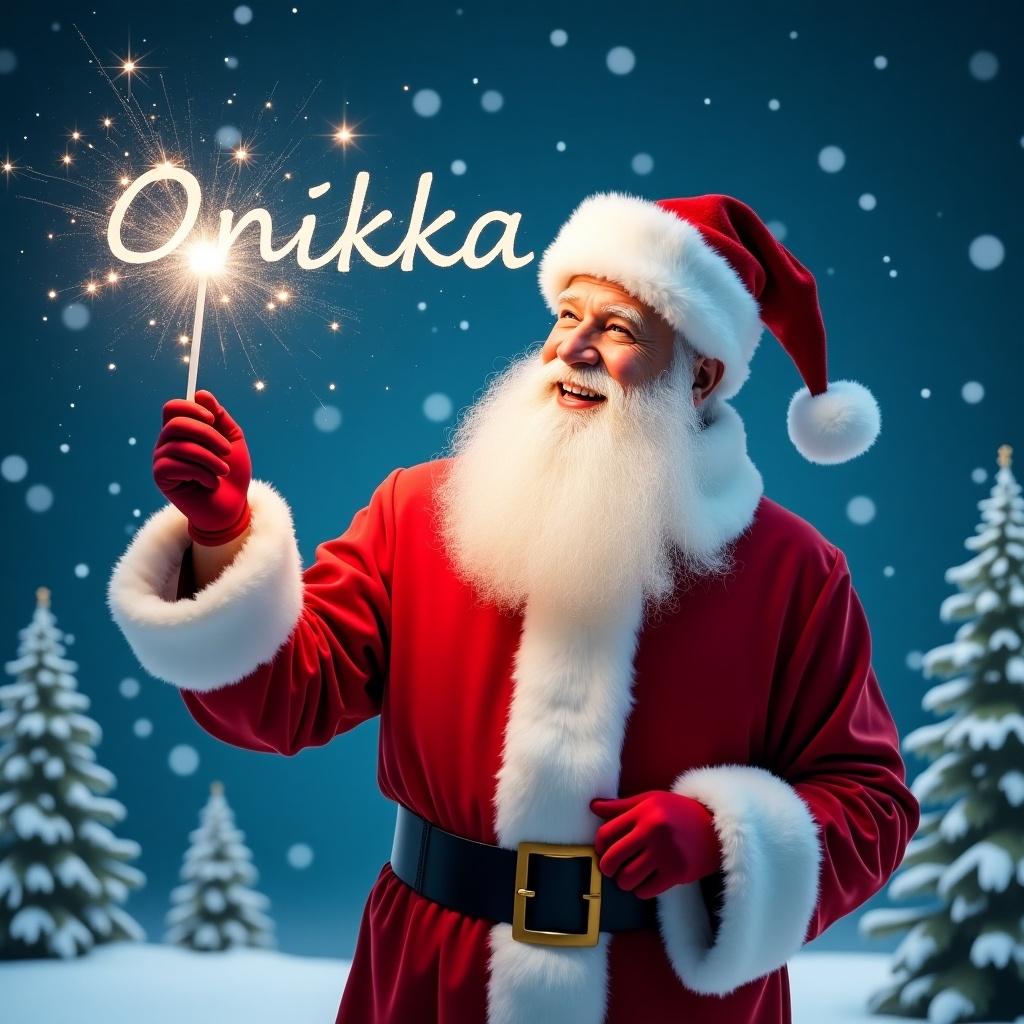 Santa holding a magical wand that shines with sparkles. Wearing a classic red suit with white fur trim and a matching hat. Santa's eyes twinkle with joy while writing names in the sky. Behind him a snowy scene with evergreen trees and a starry night sky. He wrote the name Onikka in the sky.