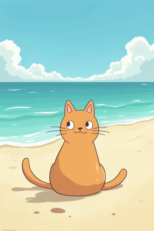 Cat character seated on a beach. Coastal scene with calm sea and sandy shoreline. Lighthearted and tranquil setting reminiscent of Studio Ghibli art.