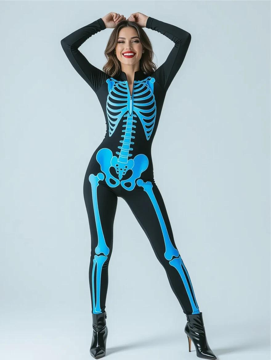 Photograph of a woman wearing a full-body skeleton bodysuit. The bodysuit is black with bright blue skeletal designs. It has a zipper front and fits closely. The woman poses confidently with arms raised. She wears black high-heeled ankle boots. Background is plain white. Lighting is bright and even, creating a playful and festive mood.
