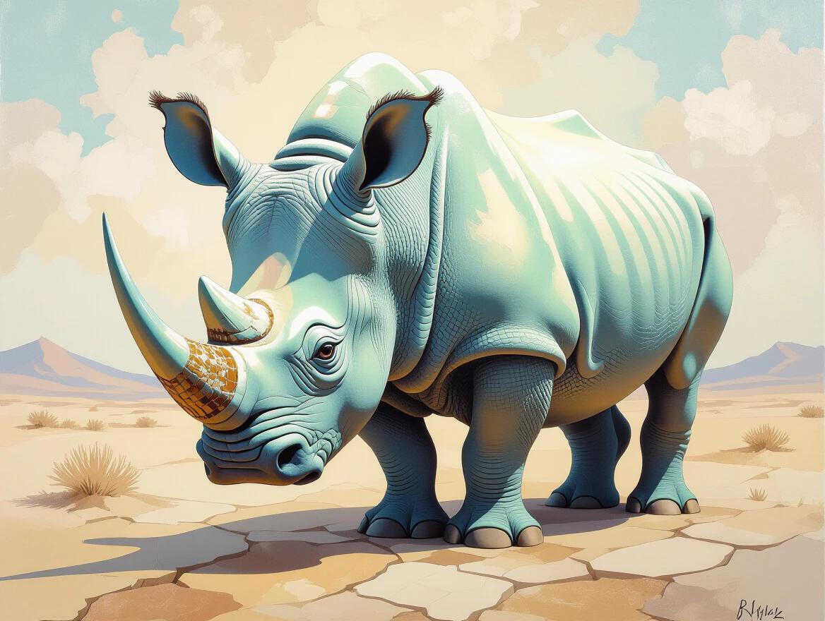 Surreal rhinoceros painting with whimsical features and exaggerated proportions. Ethereal colors and textures in a cracked desert background. Soft blends and painterly brushstrokes create a dreamlike effect.