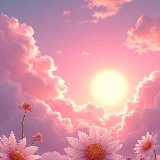 Pink clouds cover the sky during sunset. A bright sun is shining. Big white flowers float in different directions within the clouds. The style is anime-inspired.