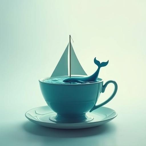 A teacup filled with water resembling an ocean. A small sailboat floats on the surface. A whale's tail is visible above the water. The scene is minimalistic and fantasy-inspired. The lighting is soft and calming.