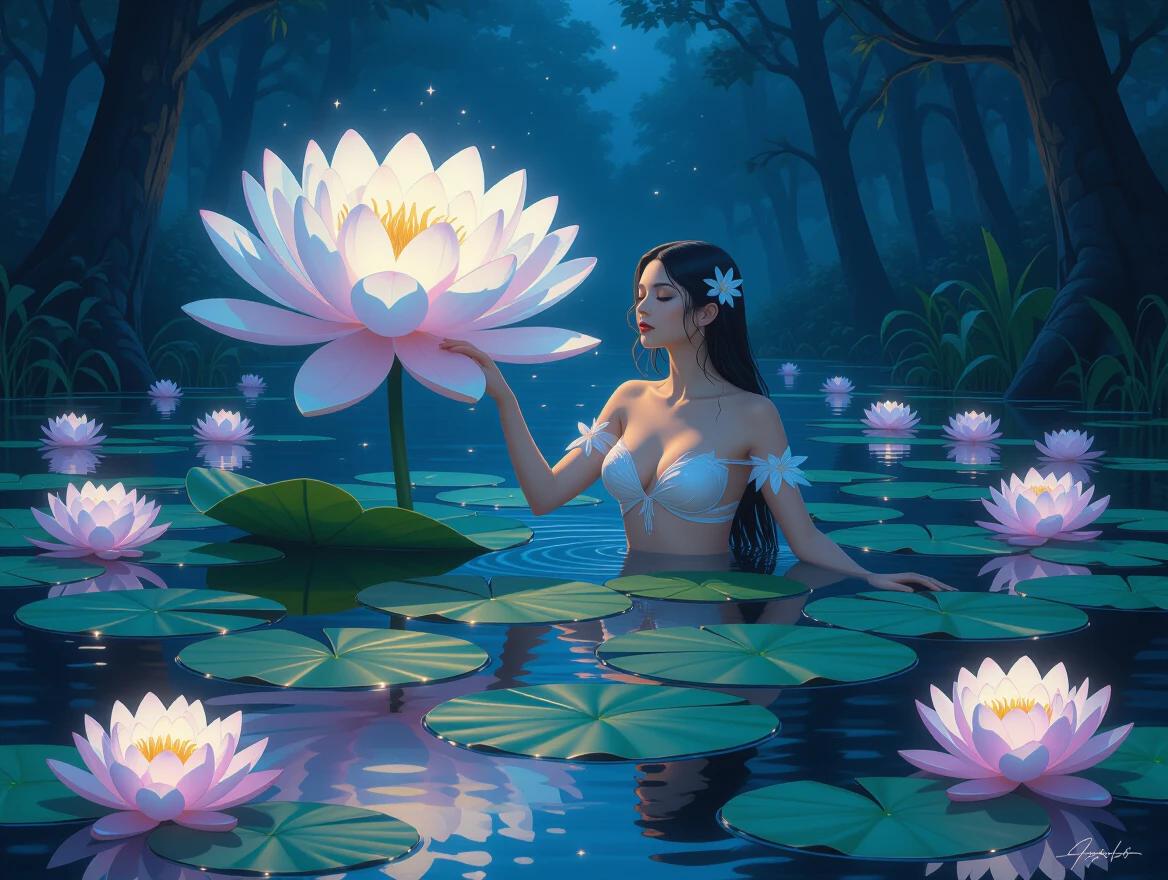 A beautiful serene Rusalka floats in a still dark forest lake at twilight. She is covered by large lily pads. She gently touches the petal of a colossal magical water lily. The water lilies pulse with soft internal light illuminating the scene. The atmosphere radiates serene magic and ethereal beauty.