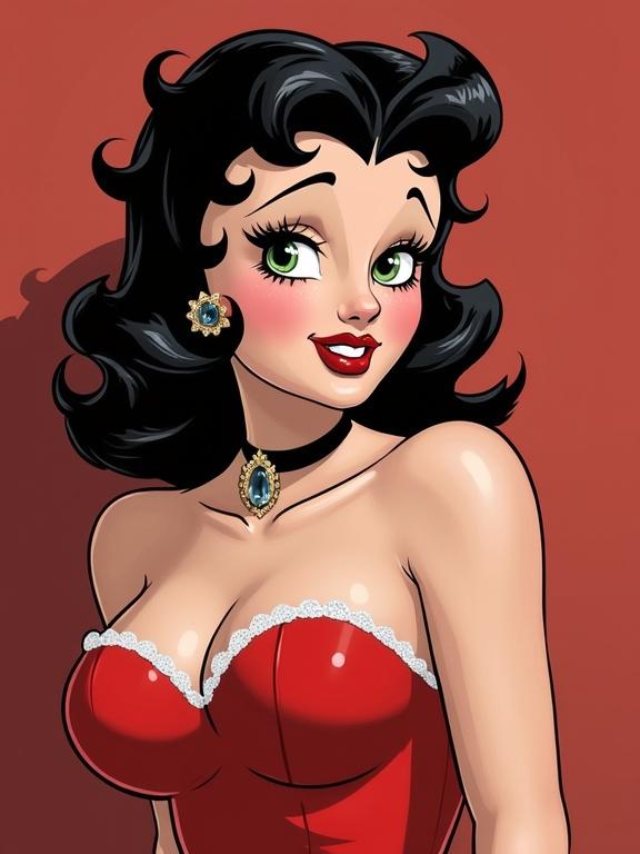 Cartoon woman with pinup style. Vibrant red dress and black hair. Green eyes and vibrant makeup. Cartoon character hip pose