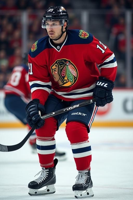 A hockey player in a red and black jersey stands poised on the ice. The player is in an action stance with a hockey stick ready. The background shows a crowd in a hockey arena. The focus is on the player's equipment and uniform.