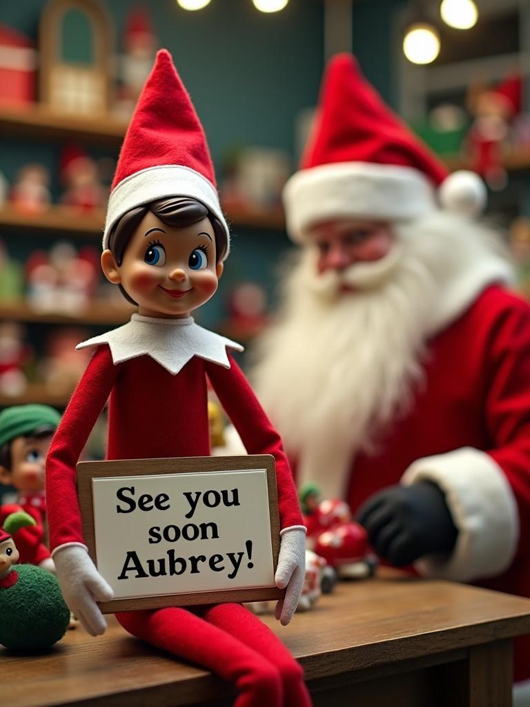 Elf on the Shelf in red outfit sitting and holding a sign. The sign says 'See you soon Aubrey!' Santa Claus in the background of a toy workshop filled with toys and elves working.