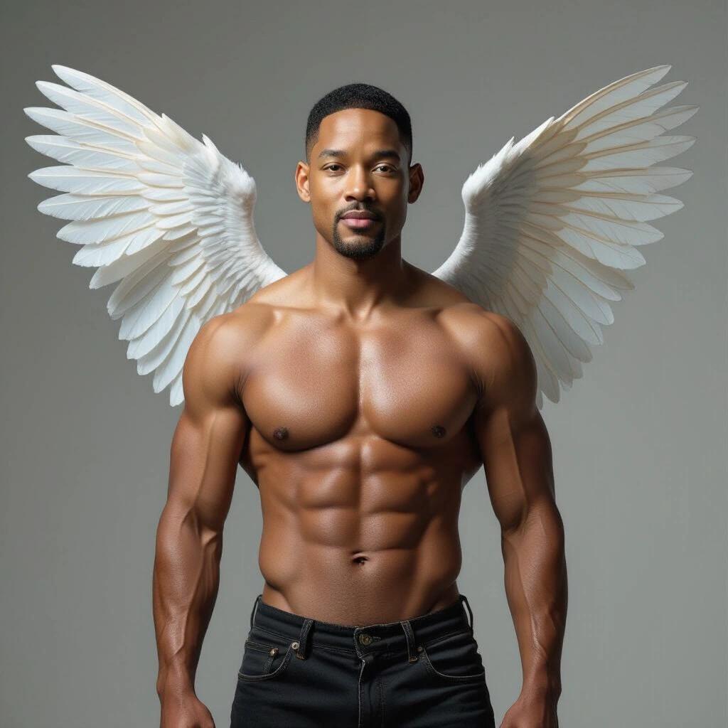 Muscular man with large delicate wings. The body is well-defined with a grey background. The wings are spread gracefully.