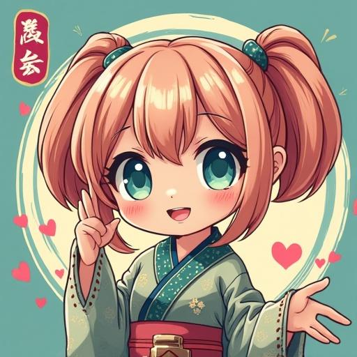 Anime girl with short pink hair and pigtails wearing a traditional Japanese kimono, smiling and surrounded by hearts