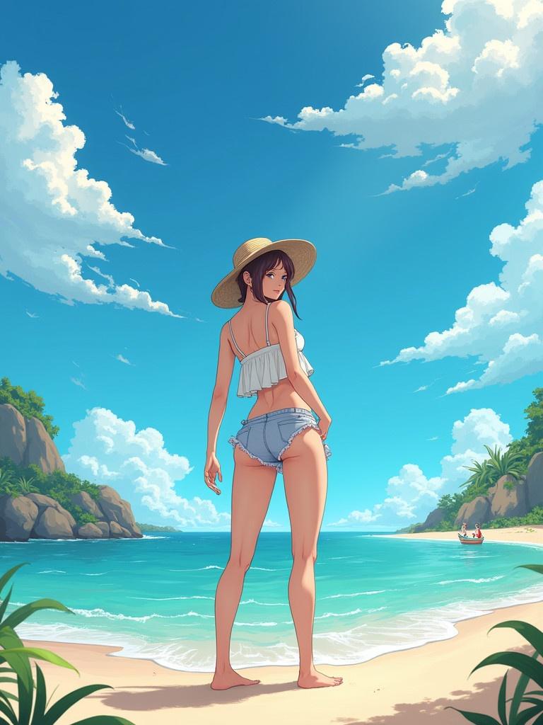 Woman enjoys the sun on the beach. She wears a white top and shorts. Background features a blue sky with clouds. Tropical trees and ocean waves in view. A scene of relaxation and summer vibes.