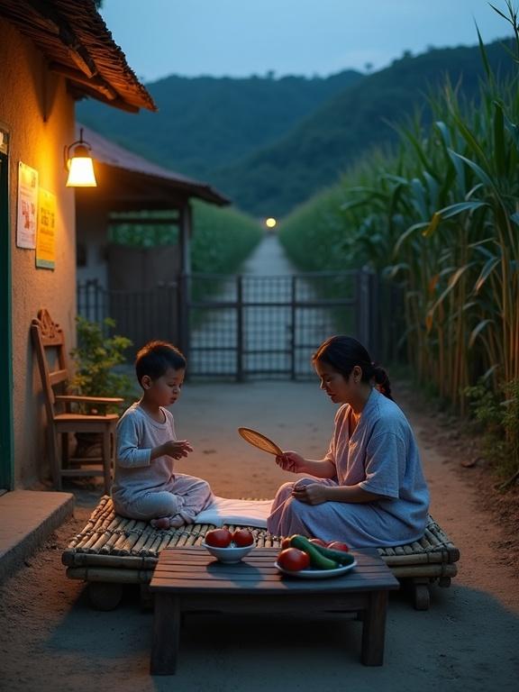 Captivating countryside evening scene. Elderly woman and child on bamboo bed. Warm light from door lamp. Fresh vegetables on wooden table. Tranquil dirt path leading to cornfields at twilight.