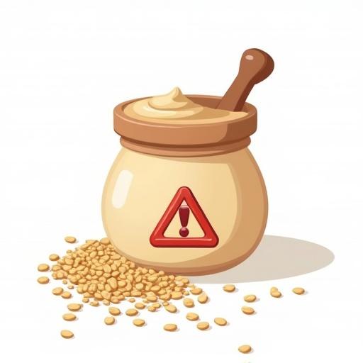 Tahini jar with a warning triangle. Sesame seeds scattered around the jar. Flat cartoon-style vector illustration. Clean geometric shapes with soft rounded edges. Solid white background.