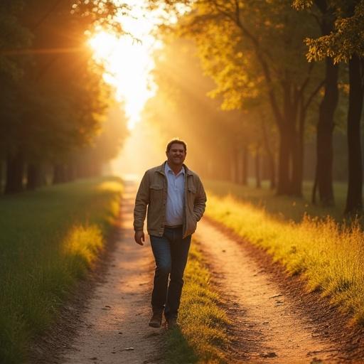 A man walks down a dirt road toward a camera. Many trees line the road. Bright sunshine illuminates the scene. The man exudes happiness and enjoys life.